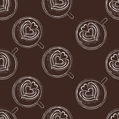 Seamless pattern with chalk Latte Art on a brown background. White Cups. Vector illustration