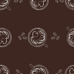 Seamless pattern with chalk Latte Art and coffee beans on a brown background. White Cups. Vector illustration