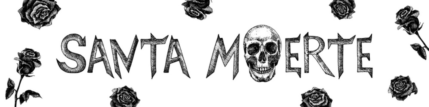 Illustration for the holiday of Santa Muerte. Black and white skull with roses. Flowers sprouting from a human skull. Vector drawing for tattoos, cards, covers, banner