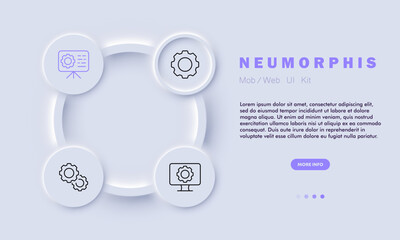 Naklejka premium Settings with gears line icon. Control panel, cube, scroll, book, instruction, website, tune, install, adjust, configuration file, configuration. Setup concept. Neomorphism style. Vector line icon