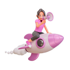 3d illustration cute girls is flying on a rocket