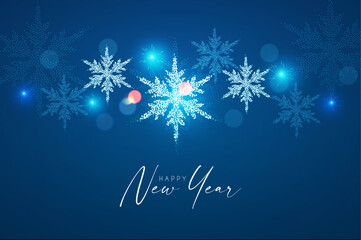Fototapeta na wymiar MErry Christmas and Happy New Year design with snowflakes and lights. Shining winter background.