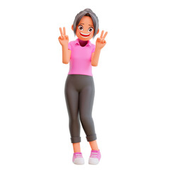 Obraz na płótnie Canvas 3d illustration cute girls shows peace vsign gesture laughing and smiling posing happy