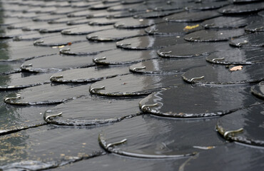 Roof made of slates under the rain close-up 