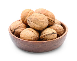 Bowl of walnuts on white background