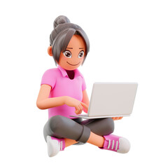 3d render Happy cheerful cute girl child having fun spend summer holidays away from school, sits crossed legs using laptop, excited studying at home with e-learning program