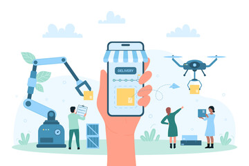 Smart delivery service vector illustration. Cartoon hand with phone tracking package transfer, tiny people with checklist and machines work in warehouse, drone and robot arms unloading boxes