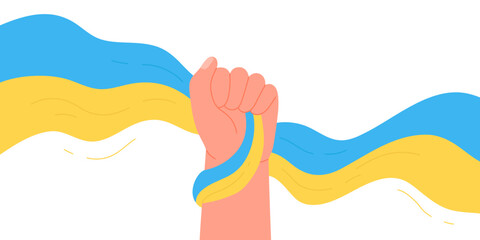 Raising hand with Ukraine Flag ribbon. Glory to Ukraine, Save Ukrainians, Stop War vector illustration