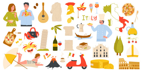 Travel to Italy set vector illustration. Cartoon isolated Italian symbols, landmarks and food collection with red wine bottle and pasta, pizza and gondola from Venice, tiramisu and carnival mask - obrazy, fototapety, plakaty