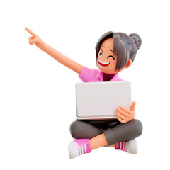 3d rendered cute girl sit crossed legs hold laptop studying and pointing up