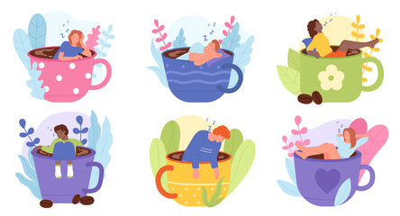 Morning coffee cups with sleepy tired funny people set vector illustration. Cartoon isolated big mugs with lazy and exhausted male and female tiny characters without energy in need rest and sleep