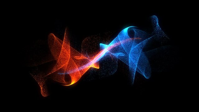 Moving towards each other, converging blue and orange whirlpools of abstract particles. Blank for banner, splash screen.
