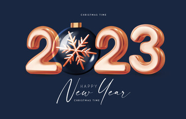 Happy New 2023 Year! Golden text with glass balls and snowflakes