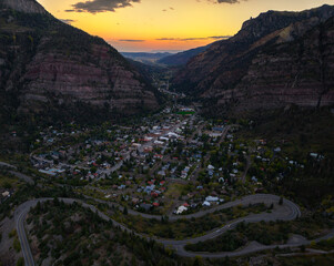 Ouray Colorado with orange sunset