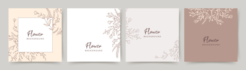 Floral neutral background in beige tones. Vector border with hand drawn flowers in line style for social media post, invitation, greeting card, packaging, branding design, banner, poster, advertisemen