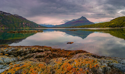 Panoramic view over beautiful and colorful landscape at Ensenada Zaratiegui Bay in Tierra del Fuego...