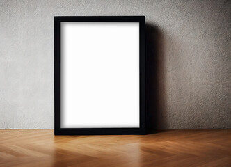 Black Picture Frame Mockup on Wood Floor with Modern Background - Frame has 9x12 (3:4 ratio) opening
