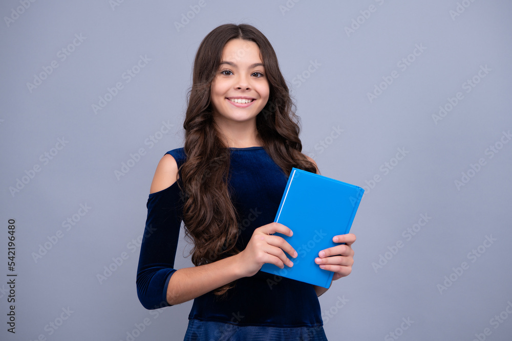 Poster school teenager child girl with book and copybook. teenager student, isolated background. learning a