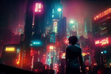 Concept art illustration of woman in cyberpunk city at night