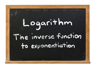 Logarithmic functions written in white chalk on a black chalkboard isolated on white