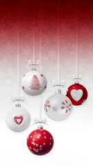 Merry Christmas red and white pearled decorative balls with silver shiny ribbons bows and glitter patterns, hanging on blurred lights snow background. Gift greeting card, promotional banner template.