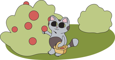 Illustration of a grey cat outdoors. A pet collects red berries from a large green bush. A collector kitten with a cute basket in a juicy meadow. Ready to use eps for your design