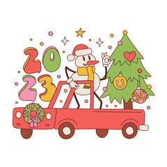 Hippie style truck with xmas spruce tree. Ornamental retro concept with snowman character in the back of a car. 1960s, 70s Greeting card Christmas and 2023 New Year. Hippy vector illustration