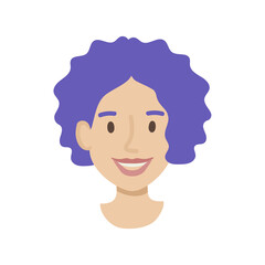 Girl face flat. Friendly young woman with short curly blue hair. Hand drawn vector illustration.