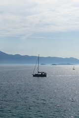 Vertical of a sailboat in the calm Adriatic sea, Korcula, Croatia