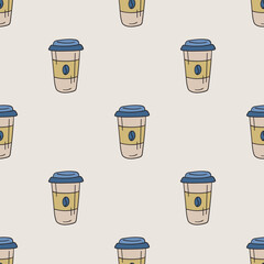 Paper coffee cup vector seamless pattern. Cute repeat background for textile, design, fabric, cover etc.