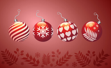 3d fancy Christmas balls on red background vector illustration.