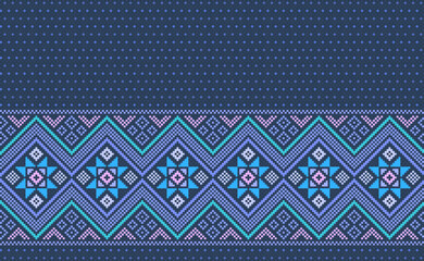 Pixel ethnic pattern, Vector embroidery Morocco background, Geometric line aztec style, Blue pattern zigzag horizontal, Design for textile, fabric, carpet, kaftan, wall art