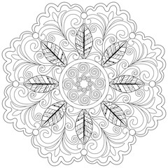 Colouring page, hand drawn, vector. Mandala 104, ethnic, swirl pattern, object isolated on white background.