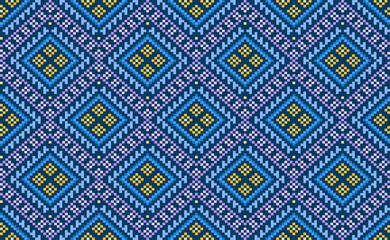 Geometric ethnic pattern, Vector embroidery geometric background, Pixel element template style, Blue and yellow pattern ornamental native, Design for textile, fabric, ceramic, print, sweater