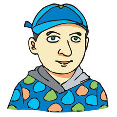 a man in a hat wearing a spotted jacket