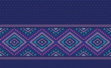 Vector cross stitch beautiful background, Knitted ethnic pattern, Embroidery decoration oriental style, Pink and blue pattern geometry diagonal, Design for textile, fabric, backdrop, curtain, mugs