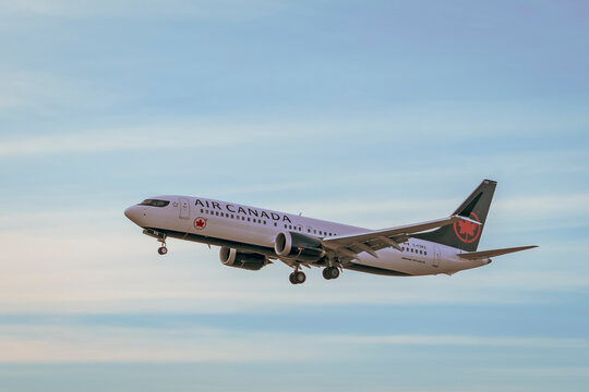 TORONTO, CANADA - MAY 12, C-FSKZ Air Canada Boeing 737 MAX 8 in the sky; landing at Toronto Lester B. Pearson Airport at sunset