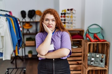 Young redhead woman working as manager at retail boutique thinking looking tired and bored with depression problems with crossed arms.
