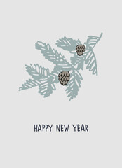 Happy New Year greeting card template. Minimalistic design with hand lettering, snowflakes, fir tree branch on blue background