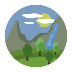 Waterfall Sticker with trees. Travel vector sticker.