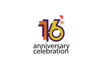 16 year anniversary celebration abstract style logotype. anniversary with purple, yellow, orange color isolated on white background, vector design for celebration, invitation, greeting card - Vector
