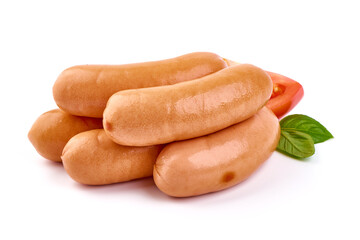 Fresh boiled sausages, isolated on white background.