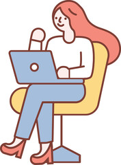 Woman working Laptop cartoon line illustration