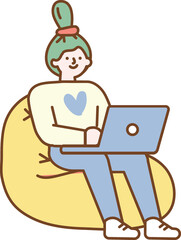 Woman working Laptop cartoon line illustration