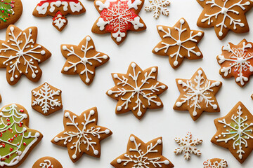 Christmas gingerbread cookies on white background top view. AI