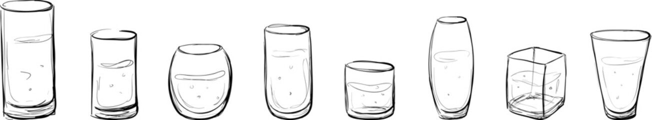 Set of sketch transparent water glasses whithout background. Glasses in different shapes. Isolated.  