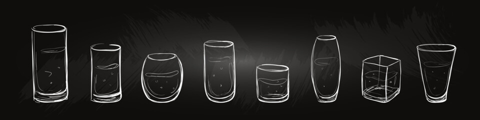 Set of sketch transparent water glasses on a chalkboard. Glasses in different shapes. Isolated.  