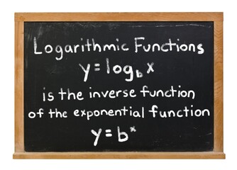 Logarithmic functions written in white chalk on a black chalkboard isolated on white