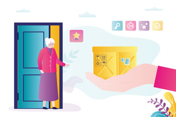 Big deliveryman hand gives wooden box for old woman. Fast delivery, e-commerce, contactless transfer of purchases. Delivery service, shipment, cargo. Grandmother receives parcels.
