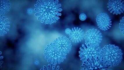 Virus cells Coronavirus (COVID-19) 4k High definition medical 3d animation, high definition microbiology, blue viruses under microscope. Popular scientific background Seamless loop.
 - Powered by Adobe